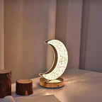 Luxury Golden Crescent Moon Crystal LED Table Lamp for Home Decor, Bedroom, and Living Room – Dimmable Warm Light Night Lamp with Starburst Pattern and Elegant Base