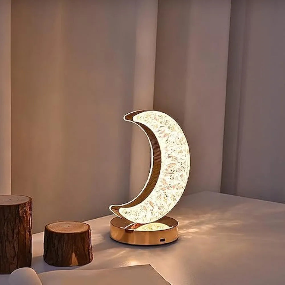 Luxury Golden Crescent Moon Crystal LED Table Lamp for Home Decor, Bedroom, and Living Room – Dimmable Warm Light Night Lamp with Starburst Pattern and Elegant Base