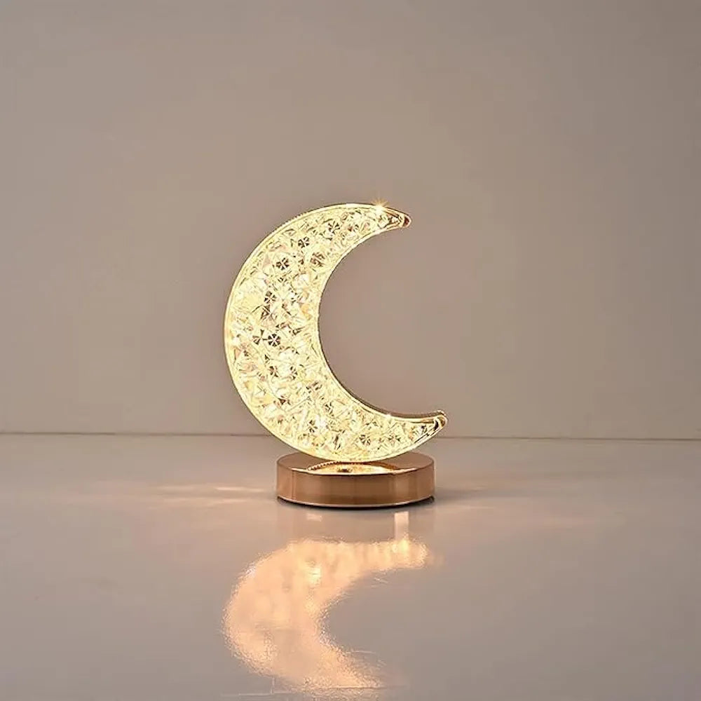 Luxury Golden Crescent Moon Crystal LED Table Lamp for Home Decor, Bedroom, and Living Room – Dimmable Warm Light Night Lamp with Starburst Pattern and Elegant Base
