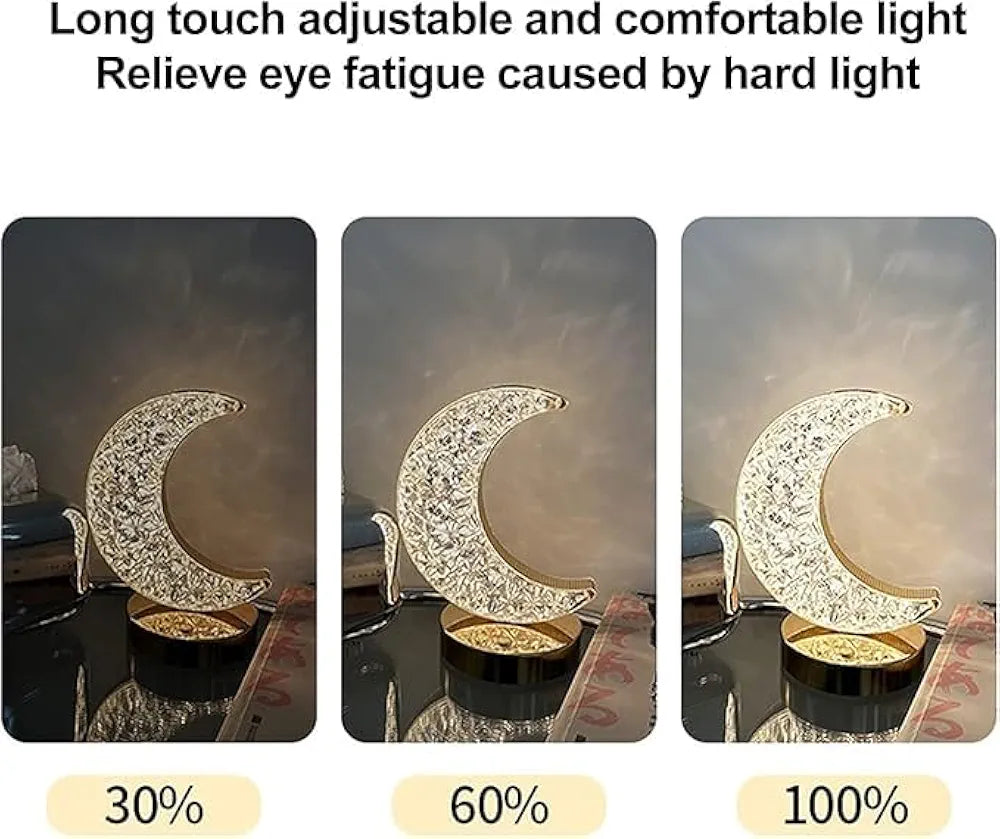 Luxury Golden Crescent Moon Crystal LED Table Lamp for Home Decor, Bedroom, and Living Room – Dimmable Warm Light Night Lamp with Starburst Pattern and Elegant Base
