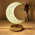 Luxury Golden Crescent Moon Crystal LED Table Lamp for Home Decor, Bedroom, and Living Room – Dimmable Warm Light Night Lamp with Starburst Pattern and Elegant Base