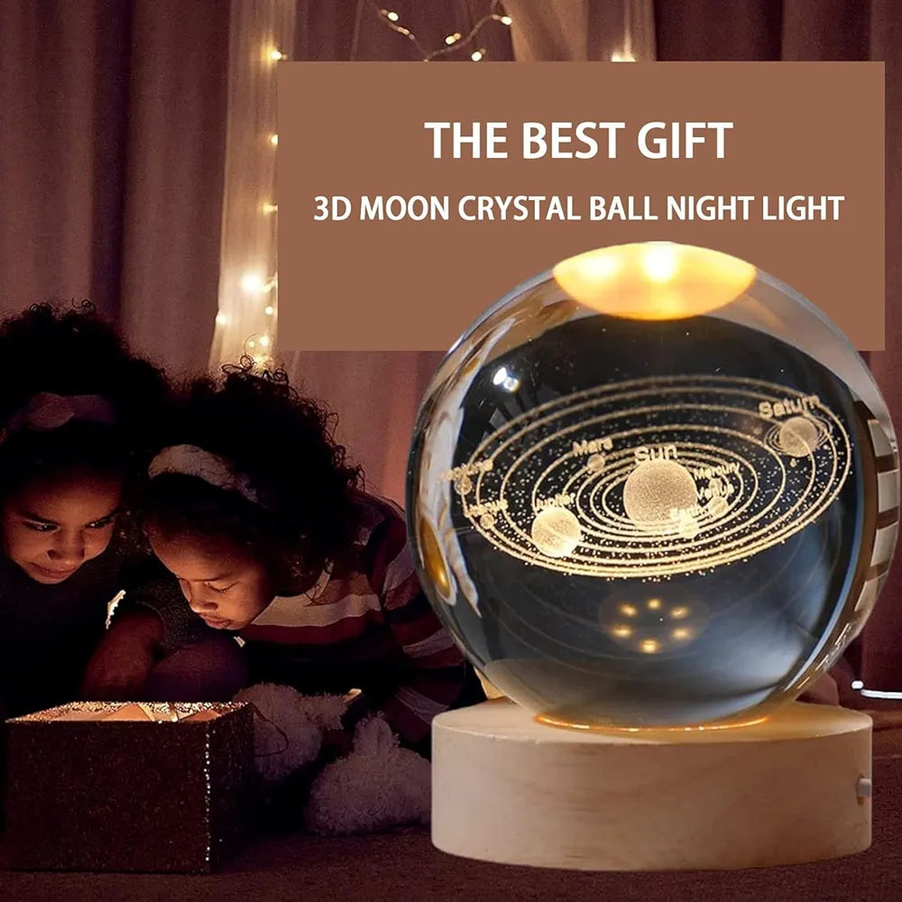 Glass Lamp 3D Ball Astronomy Night Lamp with Base for Living Room Ornament Solar System Fantasy Decoration LED Colorful Lighting Touch Base Moon Light (solar system)