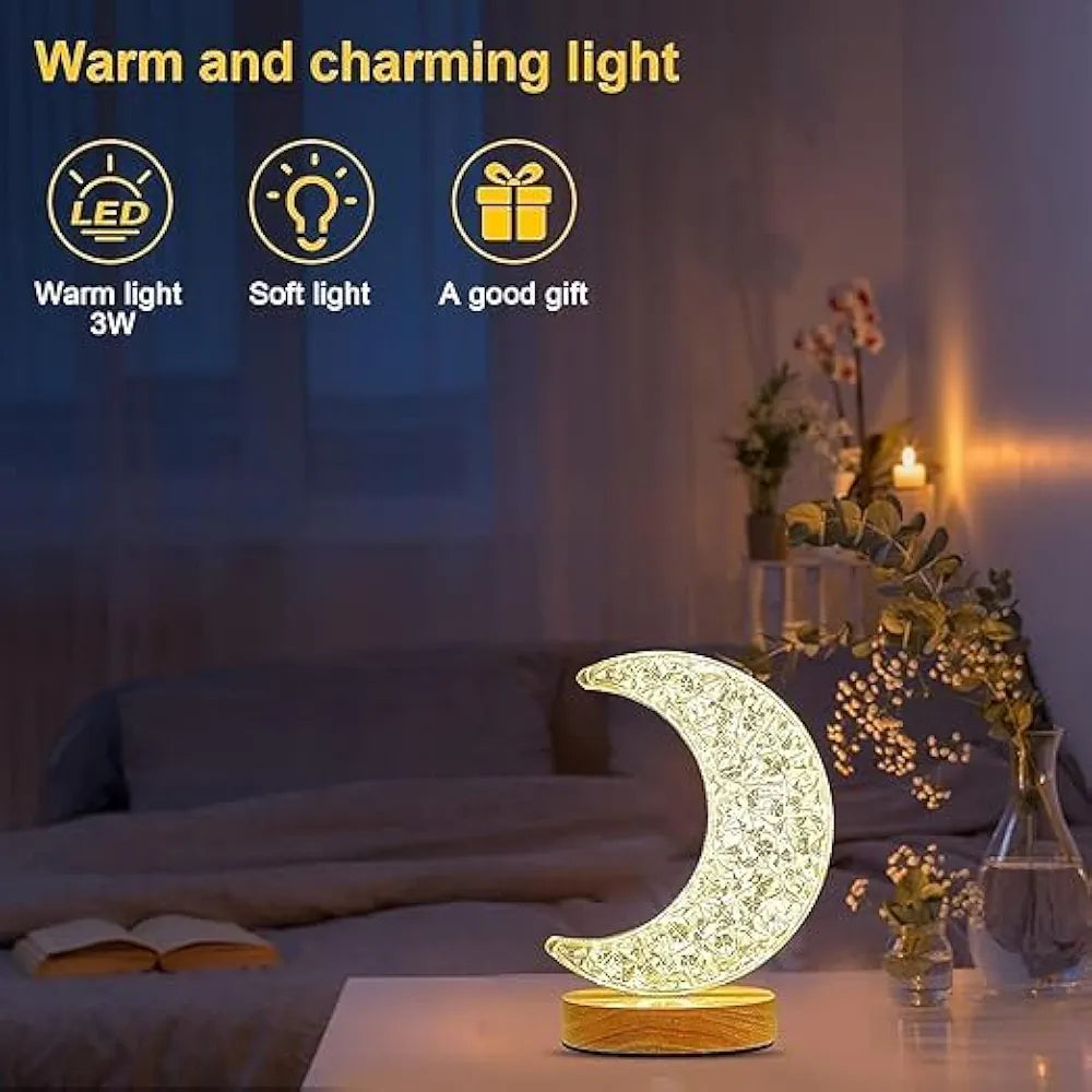 Luxury Golden Crescent Moon Crystal LED Table Lamp for Home Decor, Bedroom, and Living Room – Dimmable Warm Light Night Lamp with Starburst Pattern and Elegant Base